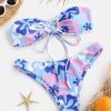 Floral Print Tie Front Bandeau Bikini Swimsuit