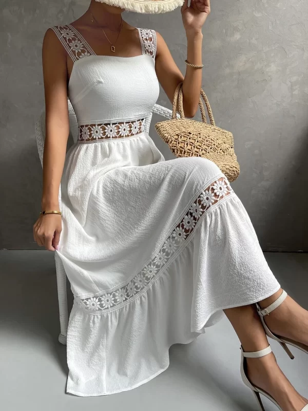 Guipure Lace Insert Ruffle Hem Dress