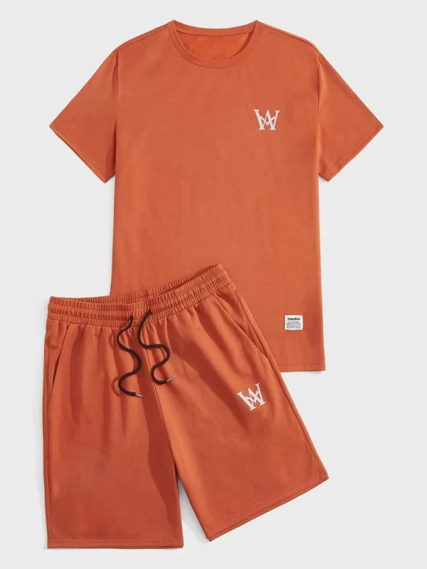 Letter Graphic Slogan Patched Detail Tee & Drawstring Waist Shorts - Image 3