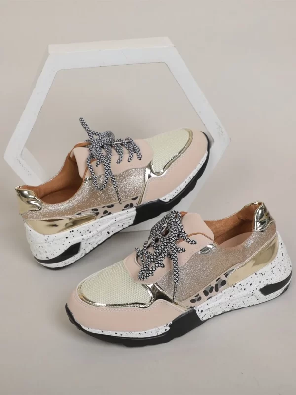 Gold Breathable Mesh Running Shoes, Colorblock Lace-Up Front Running Shoes