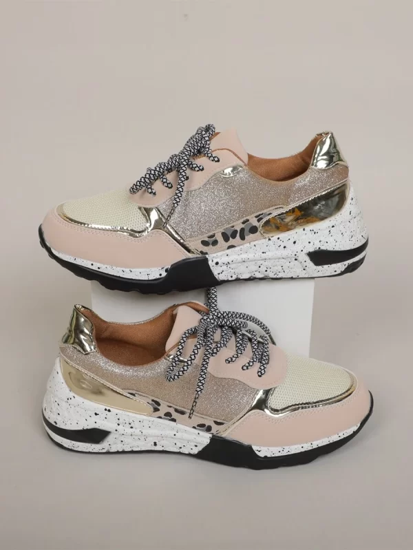 Gold Breathable Mesh Running Shoes, Colorblock Lace-Up Front Running Shoes - Image 3
