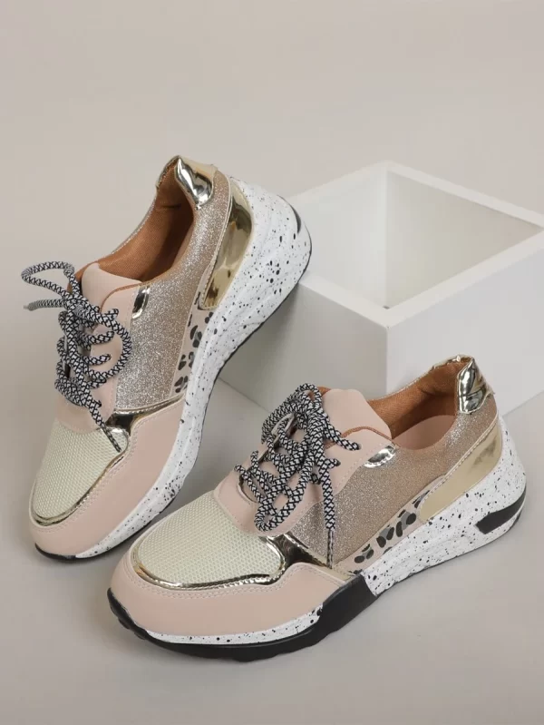 Gold Breathable Mesh Running Shoes, Colorblock Lace-Up Front Running Shoes - Image 2