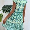 Geo Print Butterfly Sleeve Tie Neck Ruffle Hem Smock Dress - Image 3