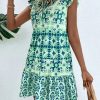 Geo Print Butterfly Sleeve Tie Neck Ruffle Hem Smock Dress - Image 2