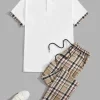 Plaid Print Polo Shirt & Drawstring Waist Pants