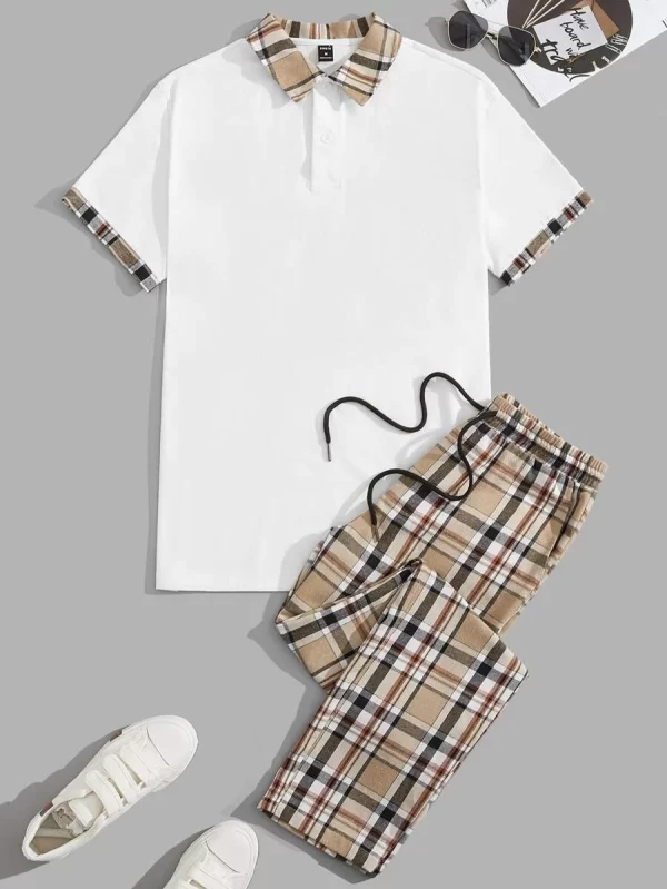 Plaid Print Polo Shirt & Drawstring Waist Pants