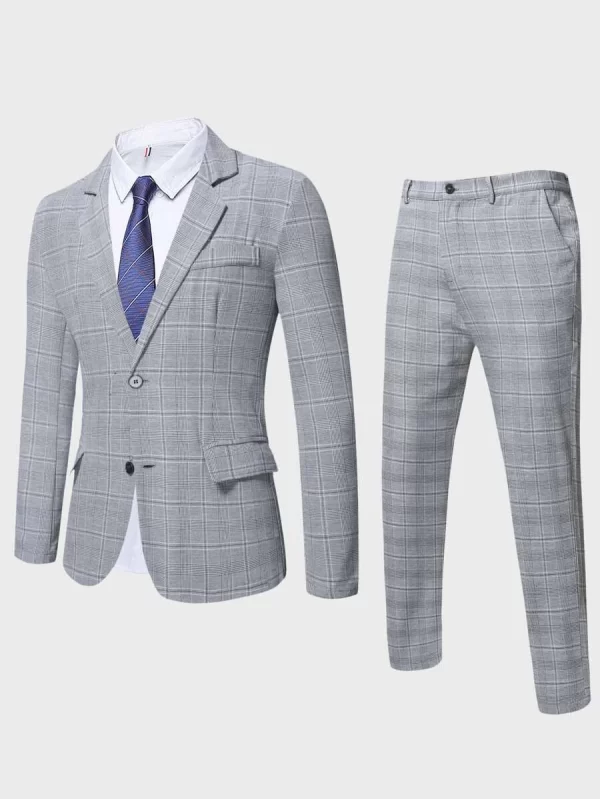 Plaid Lapel Collar Blazer & 1pc Suit Pants