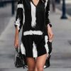 Brush Print High Low Hem Roll Up Sleeve Dress
