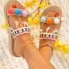 Geometric Pattern Pom Pom Decor Straw Slide Sandals - Image 2