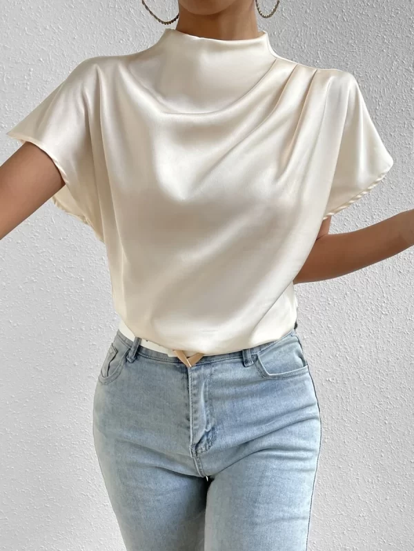 Mock Neck Batwing Sleeve Satin Blouse