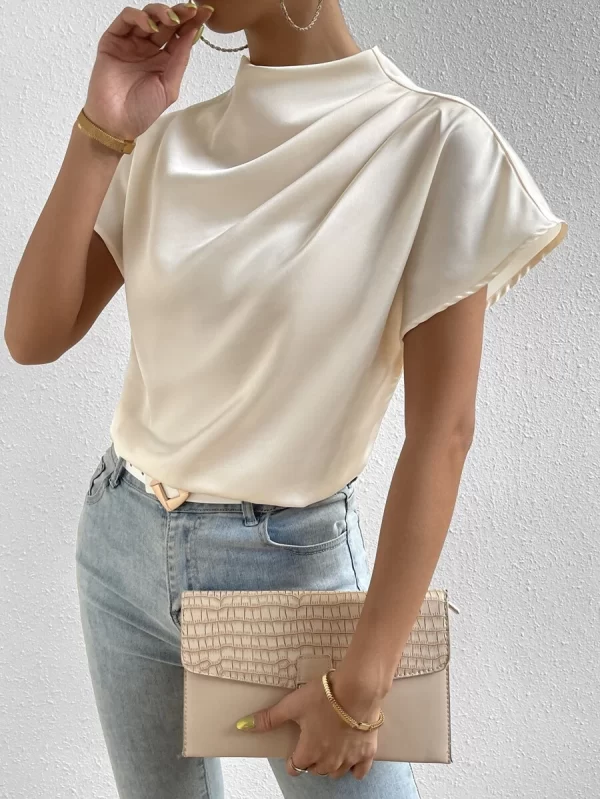 Mock Neck Batwing Sleeve Satin Blouse - Image 2