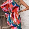 Geo Print One Shoulder Lantern Sleeve Asymmetrical Hem Dress