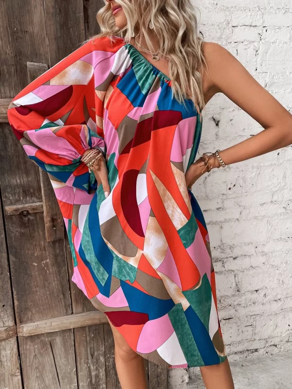 Geo Print One Shoulder Lantern Sleeve Asymmetrical Hem Dress