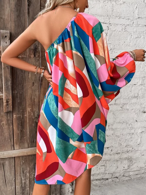 Geo Print One Shoulder Lantern Sleeve Asymmetrical Hem Dress - Image 3