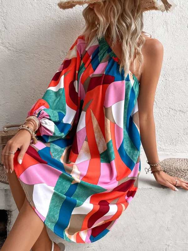 Geo Print One Shoulder Lantern Sleeve Asymmetrical Hem Dress - Image 2