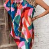 Geo Print One Shoulder Lantern Sleeve Asymmetrical Hem Dress