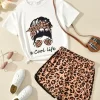 Girls Figure & Letter Graphic Tee & Leopard Print Shorts