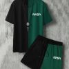 Extended Sizes Men Letter Graphic Two Tone Tee & Drawstring Waist Shorts