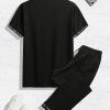 Men Letter Graphic Contrast Trim Tee & Drawstring Waist Sweatpants - Image 3