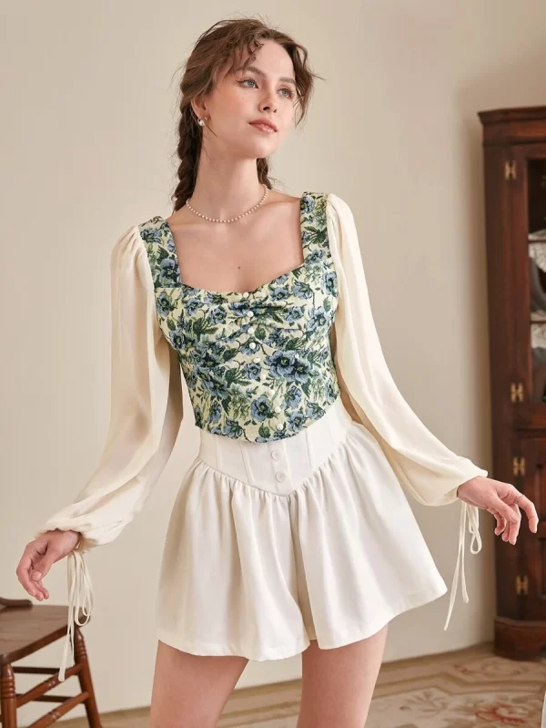 MOD Floral Jacquard Knot Cuff Lantern Sleeve Ruched Blouse