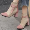 Fashion Classic Boots Women Two Tone Buckle & Knot Decor Point Toe Faux Suede Chunky Heeled Fashion Boots