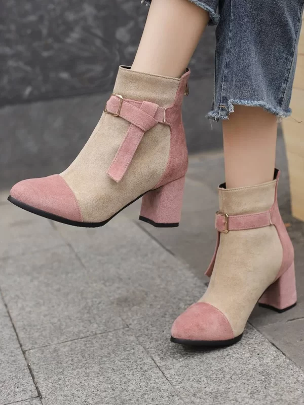 Fashion Classic Boots Women Two Tone Buckle & Knot Decor Point Toe Faux Suede Chunky Heeled Fashion Boots