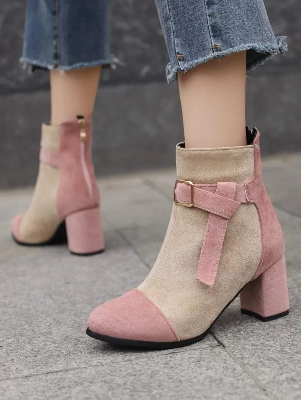 Fashion Classic Boots Women Two Tone Buckle & Knot Decor Point Toe Faux Suede Chunky Heeled Fashion Boots - Image 3