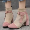 Fashion Classic Boots Women Two Tone Buckle & Knot Decor Point Toe Faux Suede Chunky Heeled Fashion Boots - Image 2