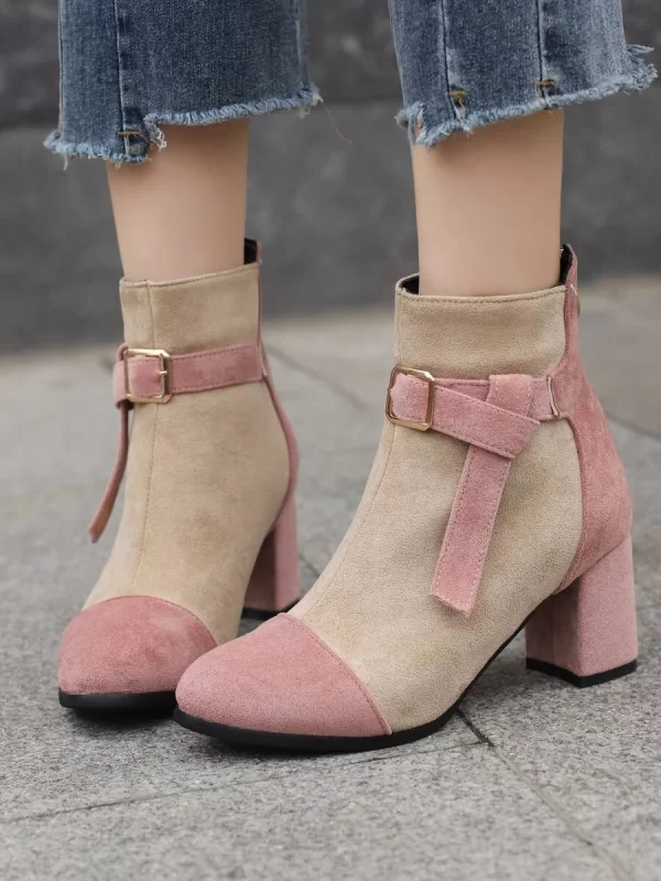 Fashion Classic Boots Women Two Tone Buckle & Knot Decor Point Toe Faux Suede Chunky Heeled Fashion Boots - Image 2