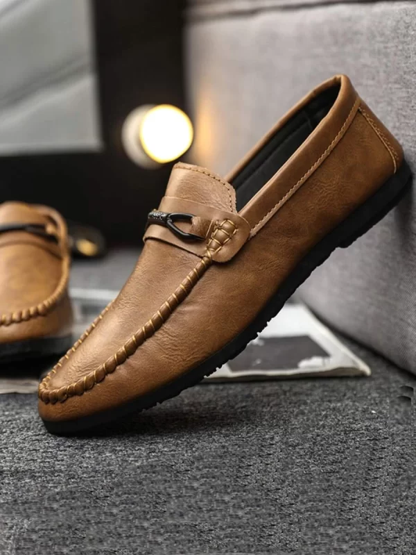 Stitched Decor Casual Loafers Round Toe Loafers Brown - Image 3