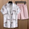 Men Flamingo Print Shirt & Drawstring Waist Shorts Without Tee