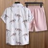 Men Flamingo Print Shirt & Drawstring Waist Shorts Without Tee - Image 3