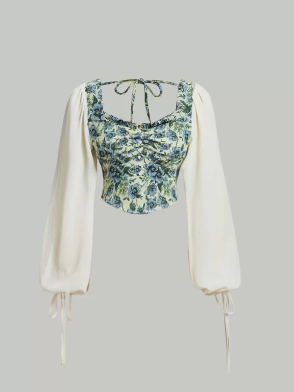 MOD Floral Jacquard Knot Cuff Lantern Sleeve Ruched Blouse - Image 3