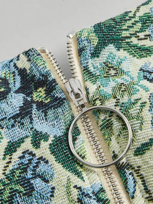 MOD Floral Jacquard Knot Cuff Lantern Sleeve Ruched Blouse - Image 2
