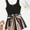 VCAY Notched Neck Block Stripe Belted Tank Romper