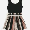 VCAY Notched Neck Block Stripe Belted Tank Romper - Image 2