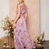 Belle Floral Print Tie Back Ruffle Trim V-neck Chiffon Bridesmaid Dress