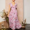 Belle Floral Print Tie Back Ruffle Trim V-neck Chiffon Bridesmaid Dress - Image 2