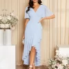 Belle Solid V Neck Butterfly Sleeve Ruffle Wrap High Low Hem Bridesmaid Dress