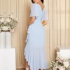 Belle Solid V Neck Butterfly Sleeve Ruffle Wrap High Low Hem Bridesmaid Dress - Image 2