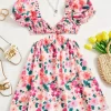 Allover Floral Print Cut Out Waist Puff Sleeve Dress