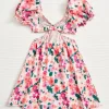 Allover Floral Print Cut Out Waist Puff Sleeve Dress - Image 2