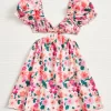 Allover Floral Print Cut Out Waist Puff Sleeve Dress - Image 3