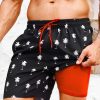 Men Coconut Tree Print 2 In 1 Drawstring Waist Swim Trunks