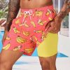Men Banana Print 2 In 1 Drawstring Waist Swim Trunks