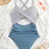 Striped Print Cut Out Criss Cross Ruched Side Onepiece Swimsuit