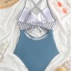 Striped Print Cut Out Criss Cross Ruched Side Onepiece Swimsuit - Image 2