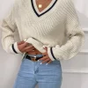 Frenchy Striped Trim Drop Shoulder Cricket Sweater