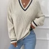 Frenchy Striped Trim Drop Shoulder Cricket Sweater - Image 2