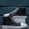 Men Lace-up Front High Top Canvas Shoes, Men's Black Solid Color Canvas Sneakers With Patchwork Design